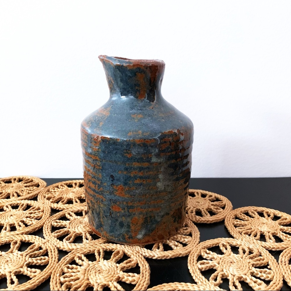Vintage Blue & Brown Handmade Pottery Vessel Vase